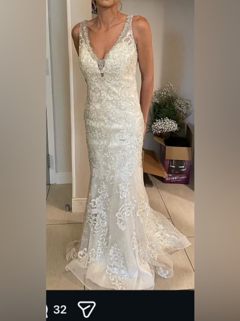 Embroidered V-Neck Lace Mermaid Wedding Gown